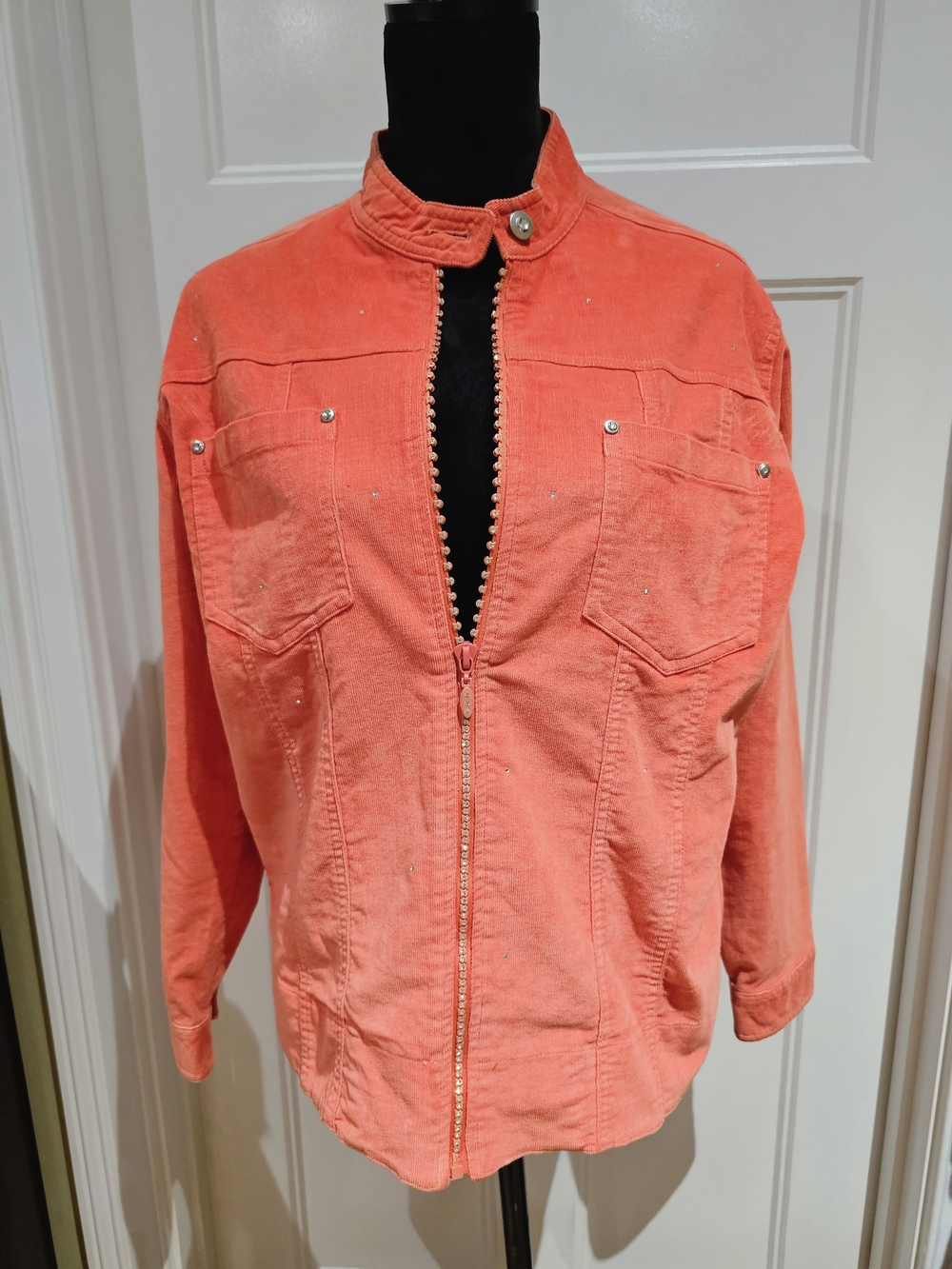 Orange Corduroy With Rhinestones Zip-Front Jean Jacket